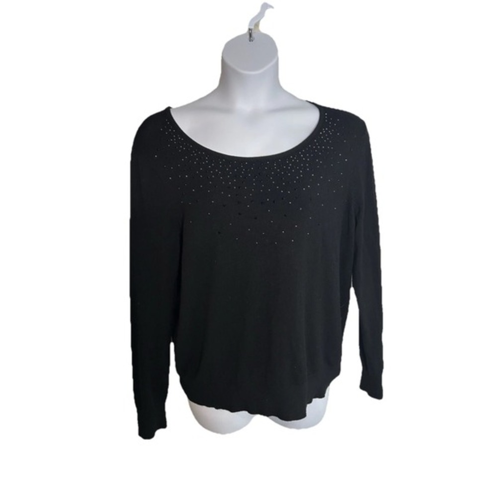 GEORGE‎ Women Size 2X Black Rhinestone Embellished Scoop Neck Long Sleeve Shirt